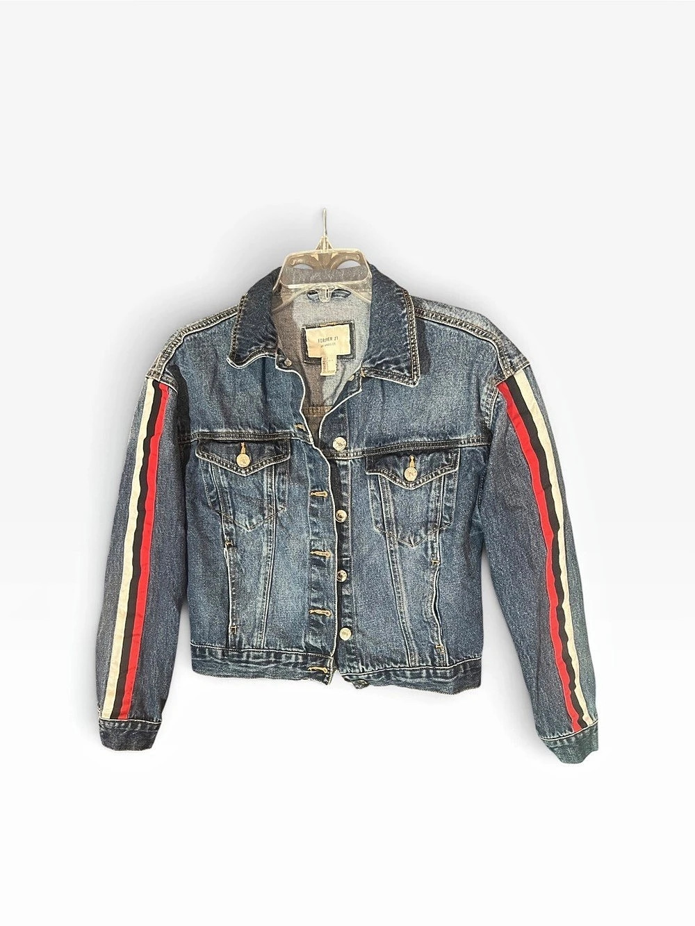 Forever 21 Color Block Denim Jacket Red, White & Blue Strip Sleeves size Small